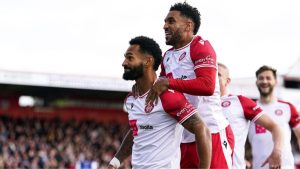 Stevenage’s Jordan Roberts, left, and Jamie Reid celebrate in the 2-0 win against Luton Town earlier this month