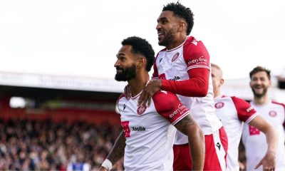Stevenage’s Jordan Roberts, left, and Jamie Reid celebrate in the 2-0 win against Luton Town earlier this month