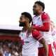 Stevenage’s Jordan Roberts, left, and Jamie Reid celebrate in the 2-0 win against Luton Town earlier this month