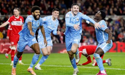 Defender Liam Kitching celebrates his second and Coventry City’s third in their win at the Riverside
