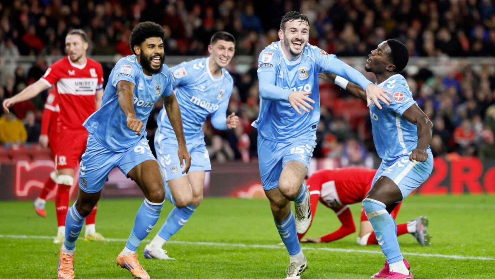 Defender Liam Kitching celebrates his second and Coventry City’s third in their win at the Riverside