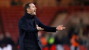 Coventry City boss Frank Lampard celebrates in front of the travelling support after victory over Middlesbrough.