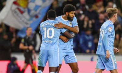 Ellis Simms celebrates his second goal of the afternoon for Coventry City