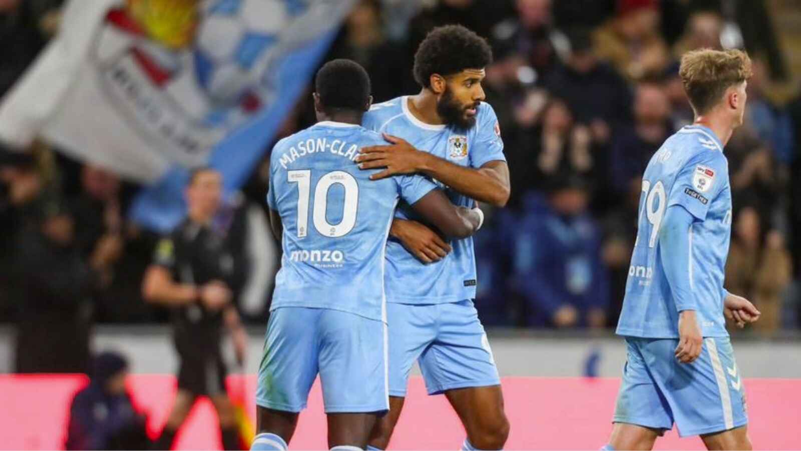 Ellis Simms celebrates his second goal of the afternoon for Coventry City