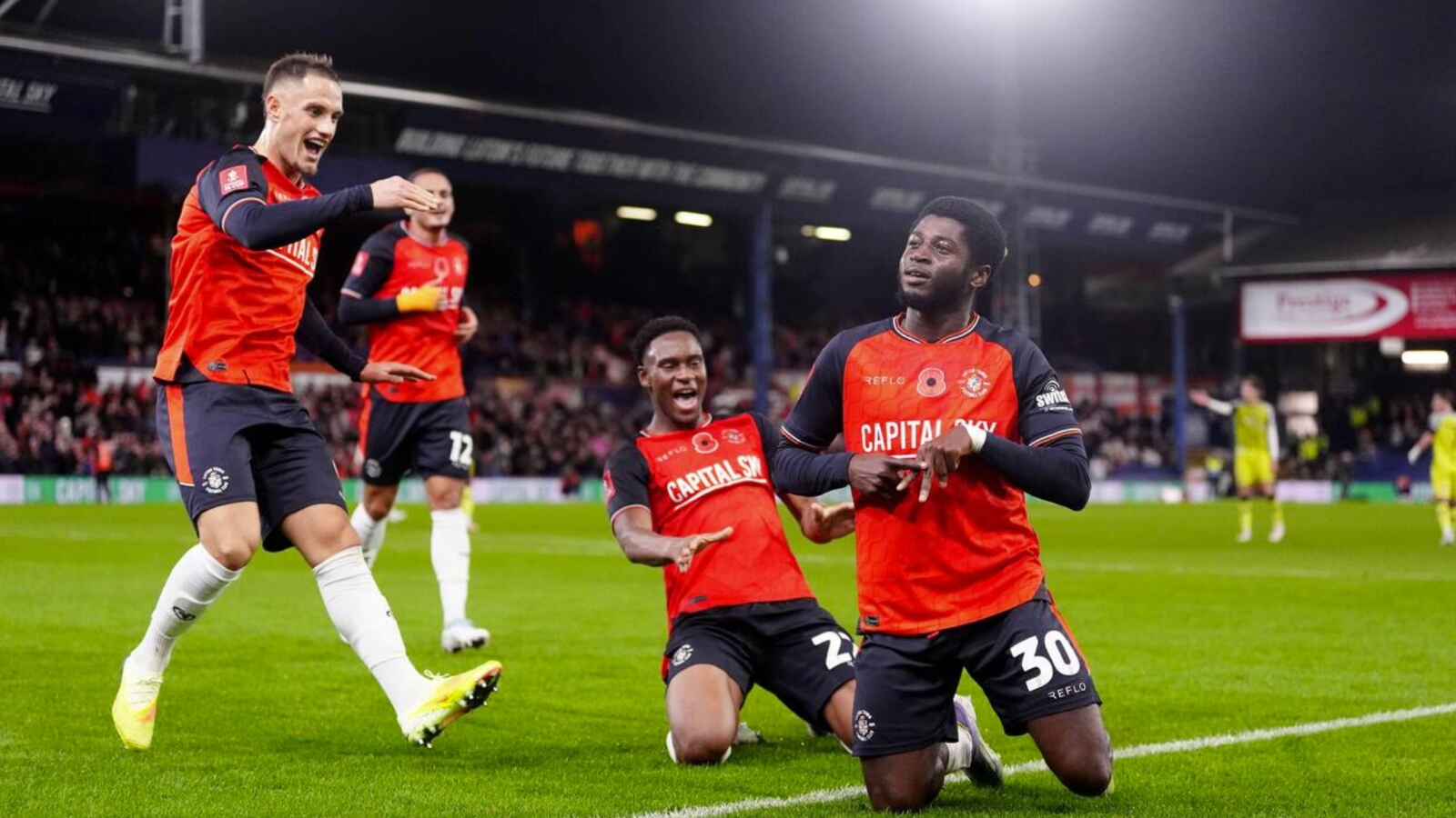 Luton Town’s Gideon Kodua celebrates his late winner