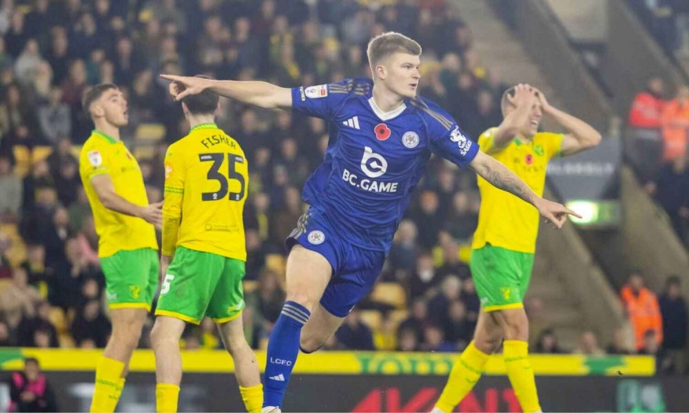 Leicester City’s Jordan James wheels away after grabbing their late stoppage-time winner against Norwich City