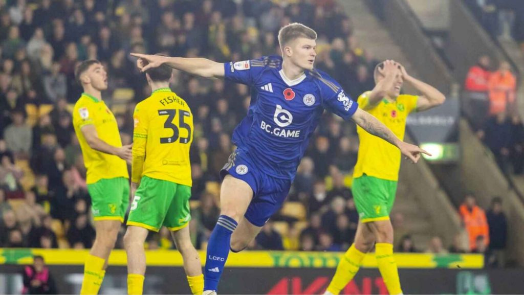 Leicester City’s Jordan James wheels away after grabbing their late stoppage-time winner against Norwich City