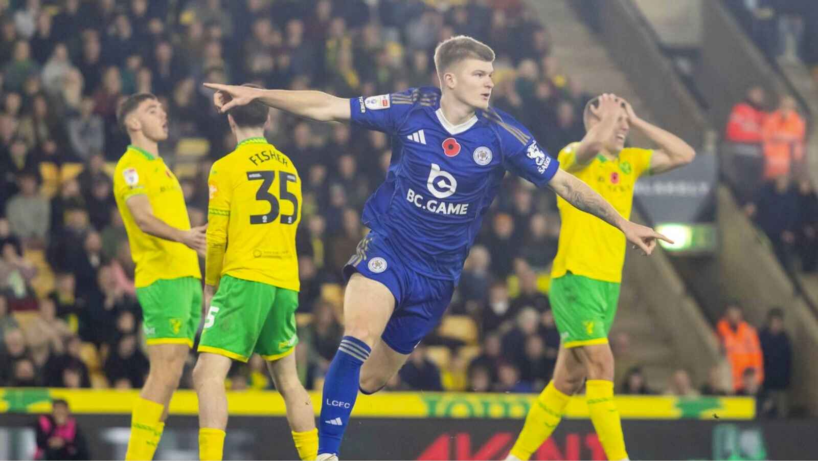 Leicester City’s Jordan James wheels away after grabbing their late stoppage-time winner against Norwich City