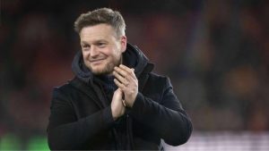 New Middlesbrough boss Kim Hellberg applauds the fans before Tuesday’s game against Coventry City