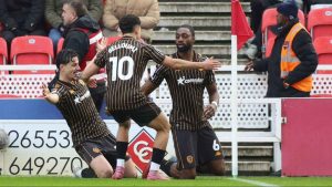 Semi Ajayi, right, celebrates scoring Hull City’s first