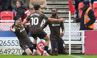 Semi Ajayi, right, celebrates scoring Hull City’s first