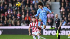 Coventry City’s Tatsuhiro Sakamoto leaps high