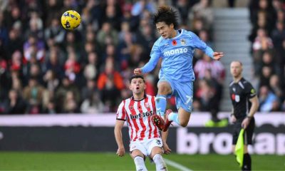 Coventry City’s Tatsuhiro Sakamoto leaps high