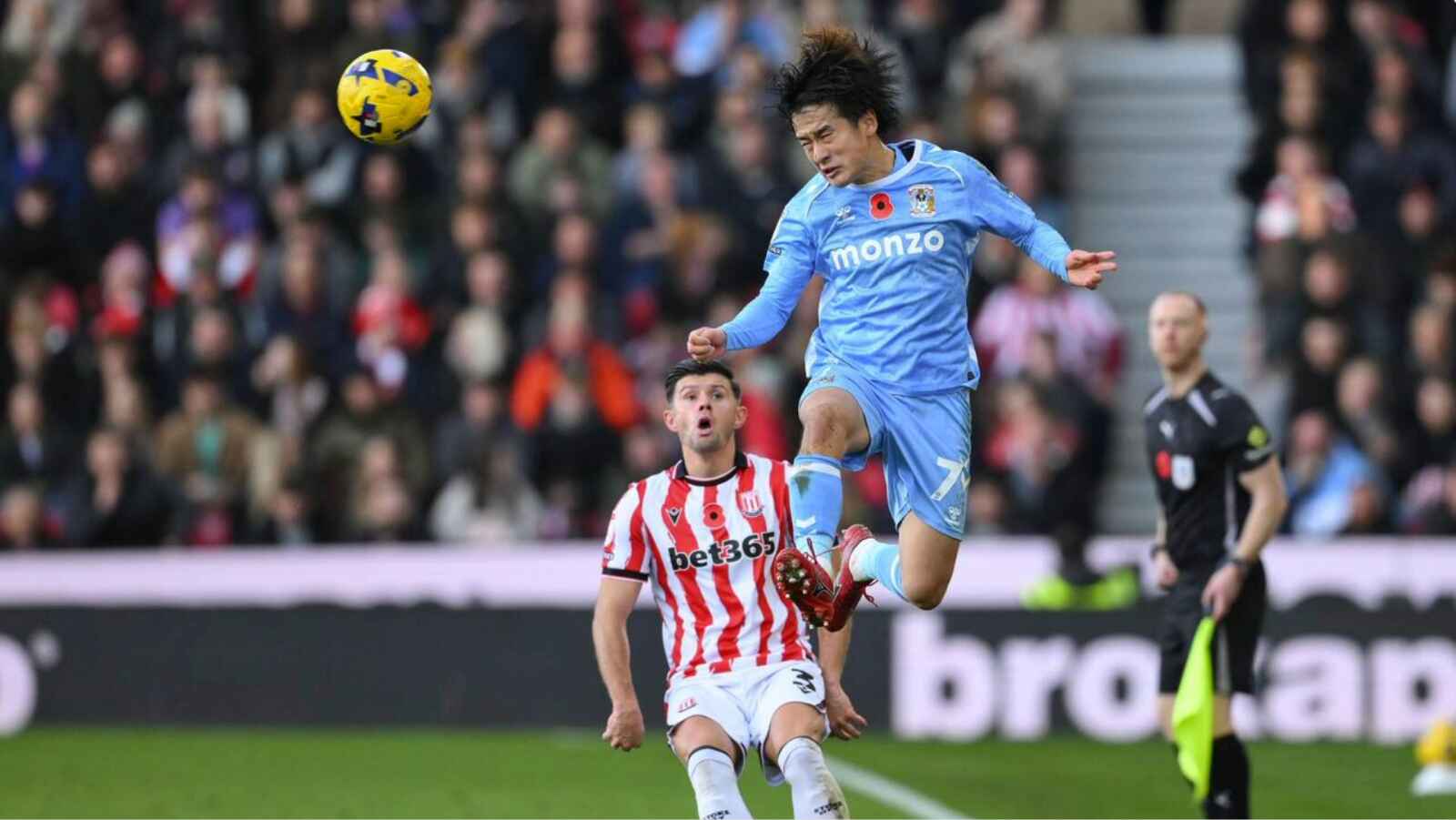 Coventry City’s Tatsuhiro Sakamoto leaps high