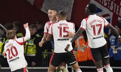 Taylor Harwood-Bellis (second left) celebrates with his Southampton team-mates