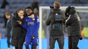 Leicester City manager Marti Cifuentes chats with Abdul Fatawu post-match