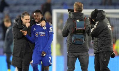 Leicester City manager Marti Cifuentes chats with Abdul Fatawu post-match