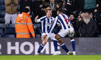 West Bromwich Albion’s Aune Heggebo celebrates with George Campbell