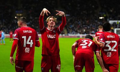 Jack Clarke (second left) celebrates after scoring Ipswich Town’s opener at the Coventry Building Society Arena