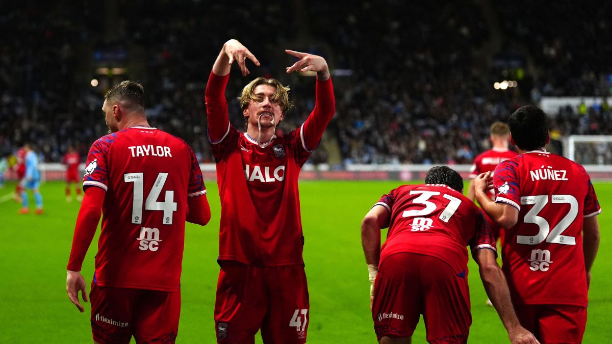 Jack Clarke (second left) celebrates after scoring Ipswich Town’s opener at the Coventry Building Society Arena
