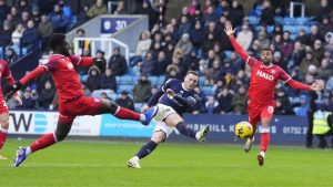 Millwall’s Macaulay Langstaff has an attempt at goal