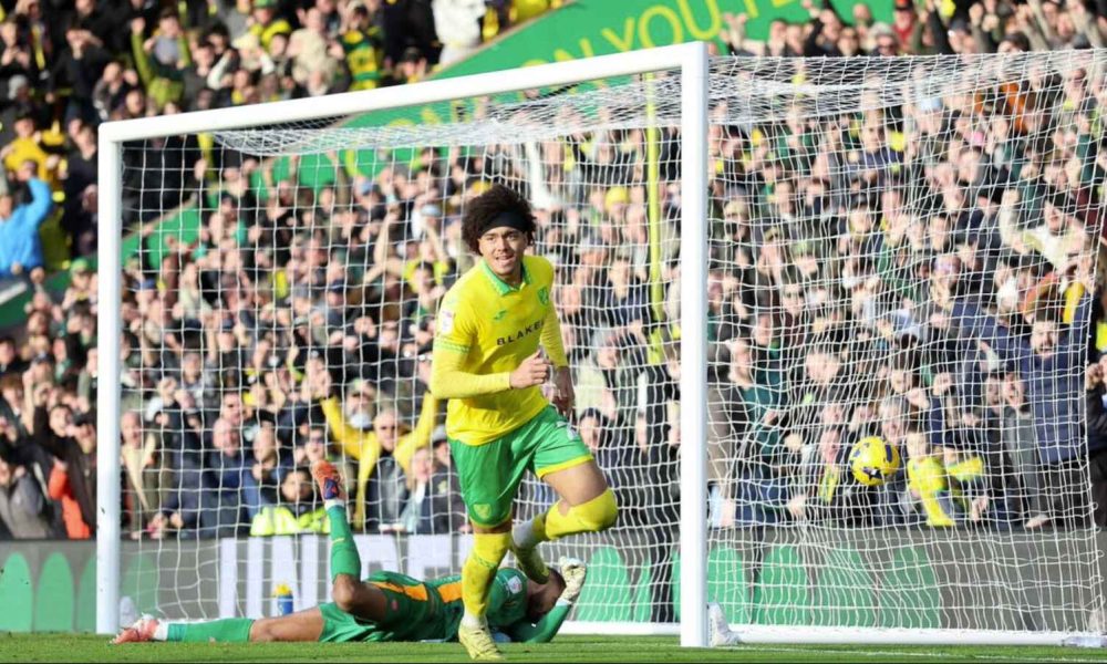 Norwich City’s Jovon Makama wheels away after scoring his first goal