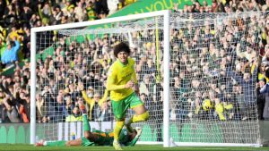 Norwich City’s Jovon Makama wheels away after scoring his first goal