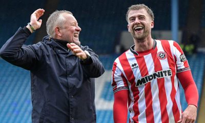 Patrick Bamford and Chris Wilder celebrate Sheffield United’s Steel City derby day victory