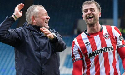 Patrick Bamford and Chris Wilder celebrate Sheffield United’s Steel City derby day victory