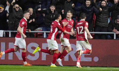 Bristol City’s Rob Atkinson, middle, celebrates scoring their second