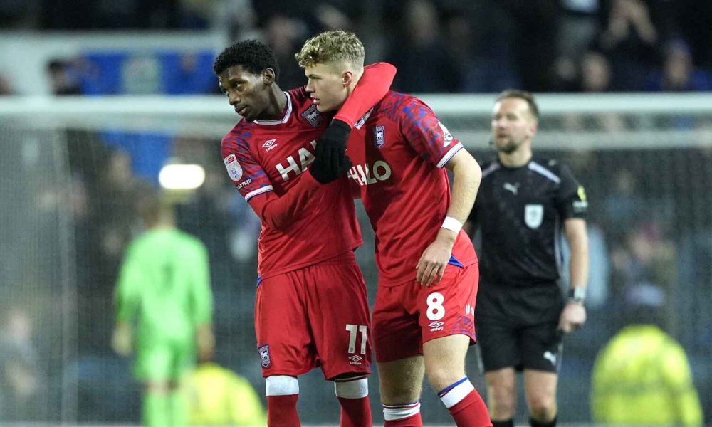 Ipswich Town’s Sindre Walle Egeli, right, celebrates his late equaliser with Jaden Philogene