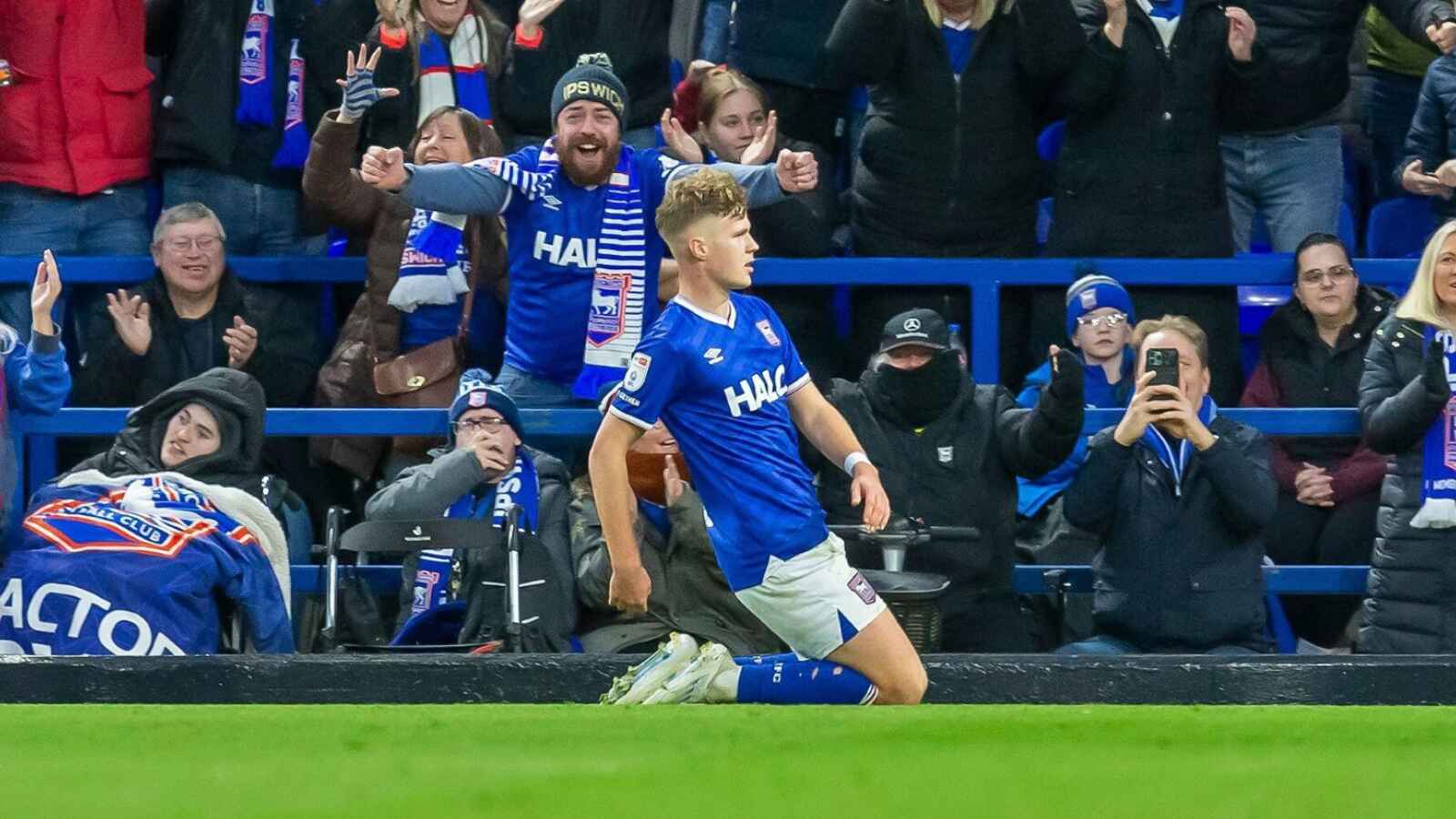 Sindre Walle Egeli celebrates scoring the opener in front of jubilant Ipswich Town fans