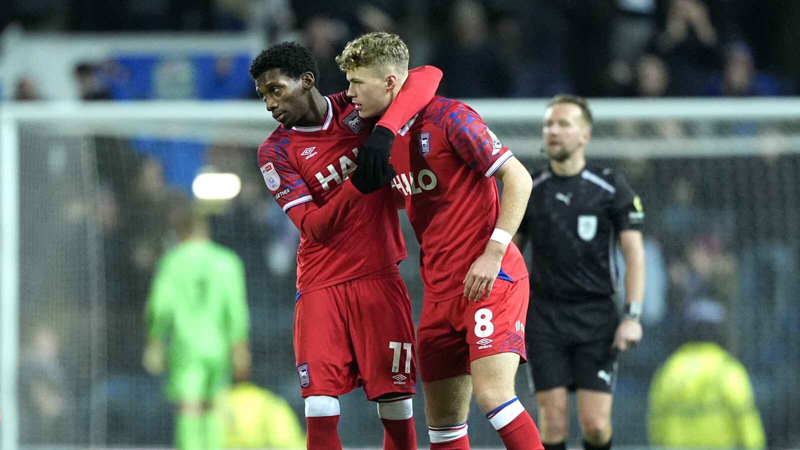 Ipswich Town’s Sindre Walle Egeli, right, celebrates his late equaliser with Jaden Philogene