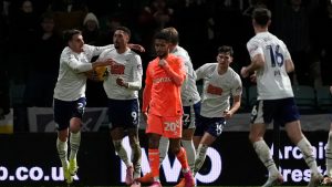 Daniel Jebbison (second left) celebrates after scoring for Preston North End
