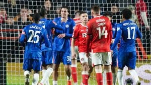 Chelsea celebrate after Jorrel Hato opens the scoring at The Valley