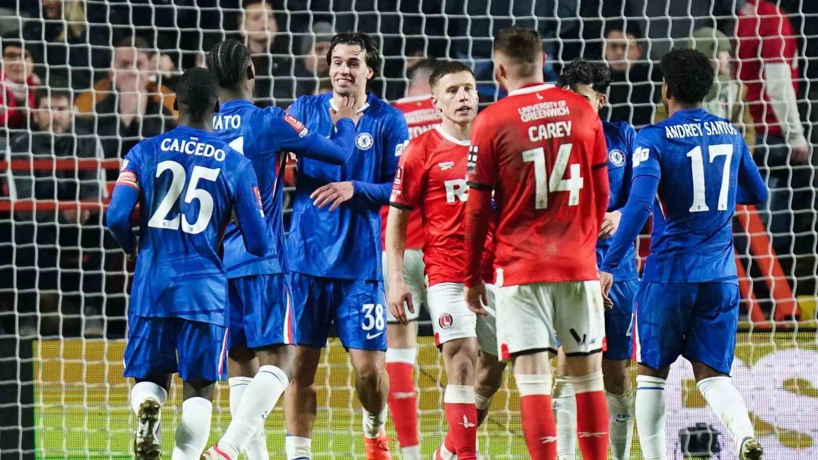 Chelsea celebrate after Jorrel Hato opens the scoring at The Valley