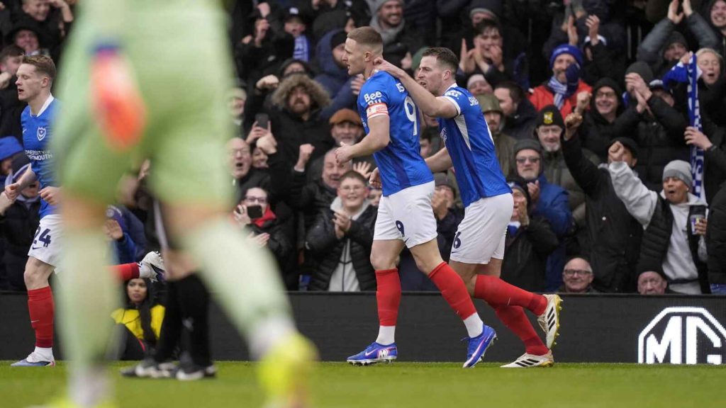 Colby Bishop celebrates scoring Portsmouth’s early goal against Arsenal