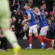 Colby Bishop celebrates scoring Portsmouth’s early goal against Arsenal