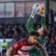 Southampton’s Daniel Peretz claims the ball on debut against Doncaster Rovers last weekend