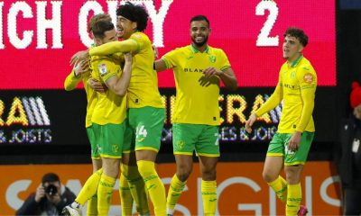 Jovon Makama, centre, celebrates his winner for Norwich City