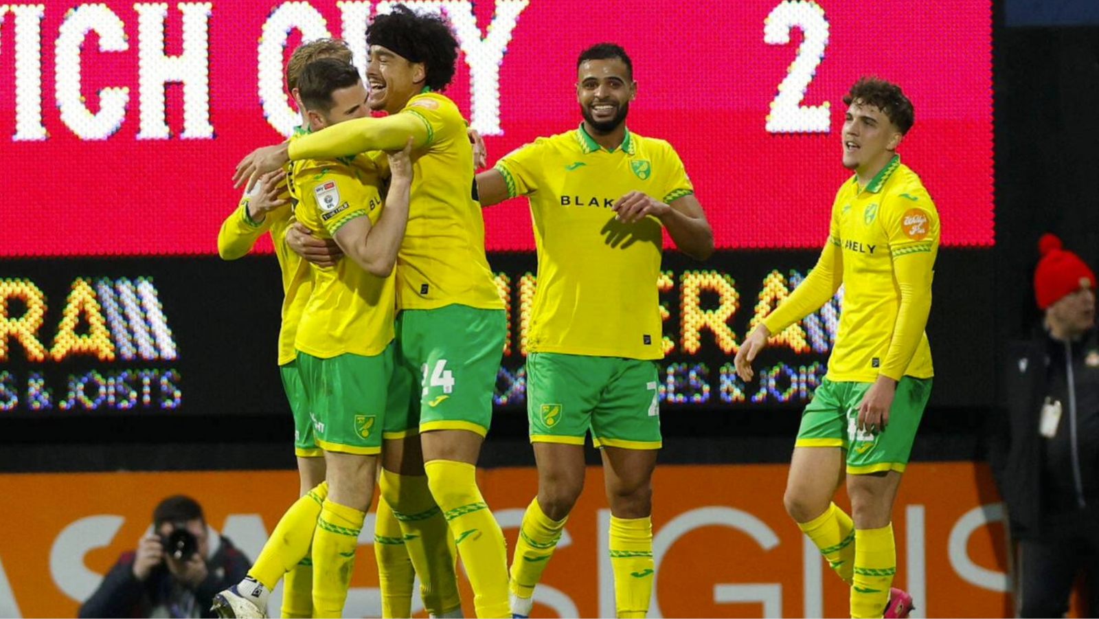 Jovon Makama, centre, celebrates his winner for Norwich City
