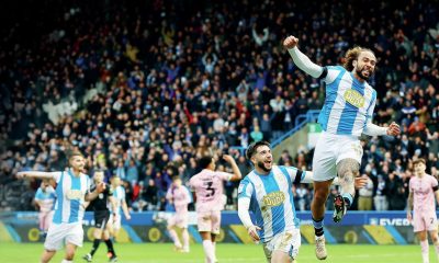 Huddersfield Town scorer Marcus Harness jumps for joy after finding the net for his side