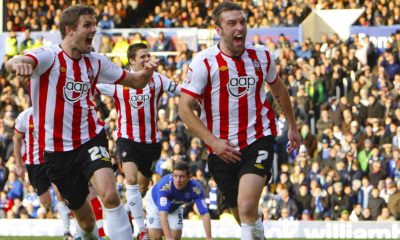 Rickie Lambert celebrates putting Southampton ahead at Fratton Park in December 2011