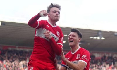Tommy Conway, left, celebrates with Dael Fry after scoring his second and Middlesbrough’s fourth