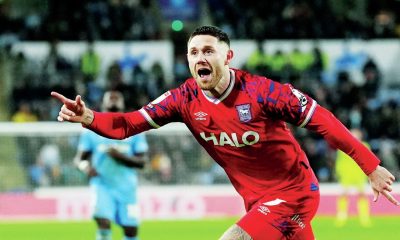 Wes Burns wheels away after scoring Ipswich Town’s second goal in a 2-0 win at Coventry City on Monday