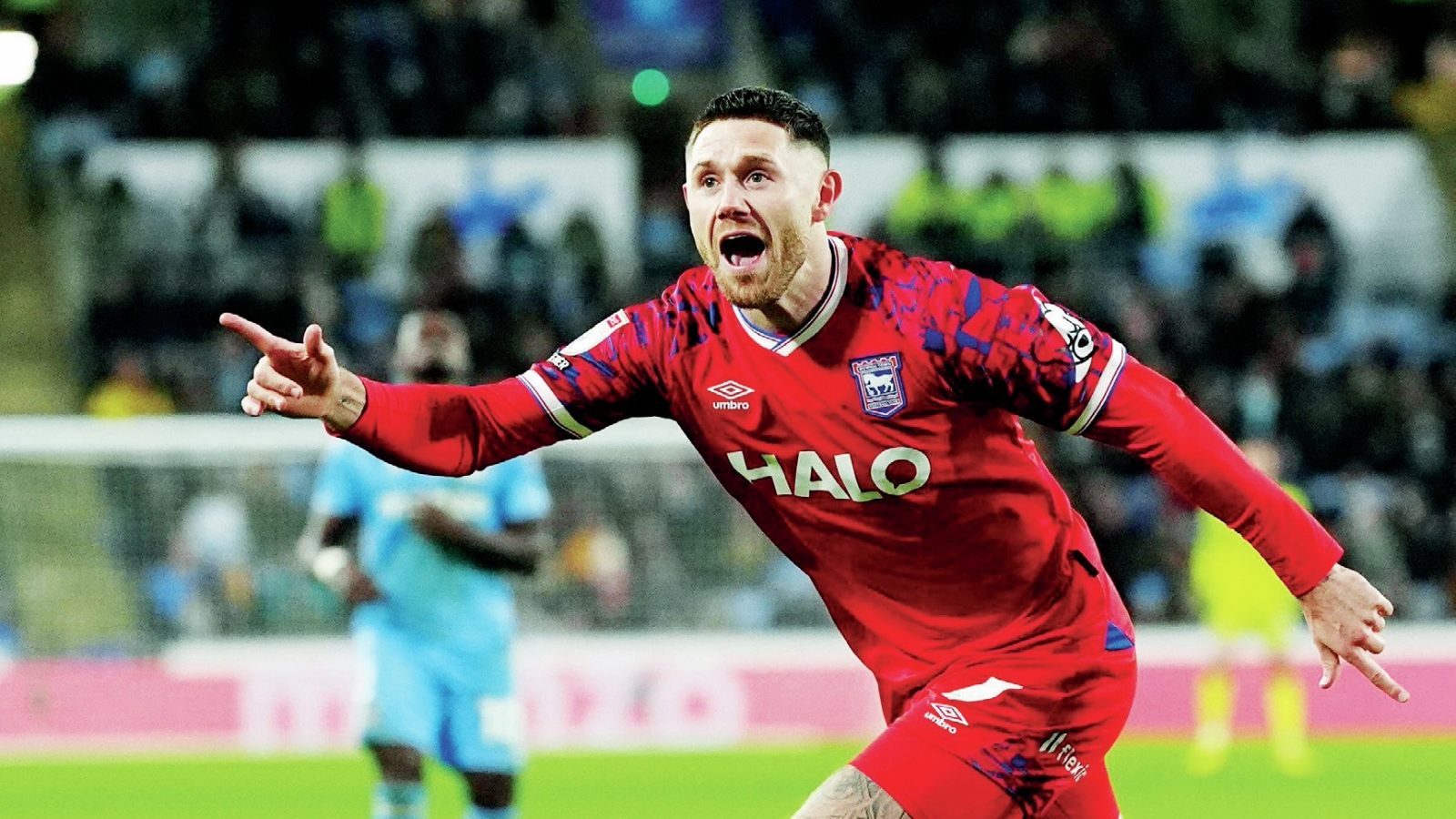 Wes Burns wheels away after scoring Ipswich Town’s second goal in a 2-0 win at Coventry City on Monday