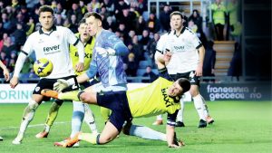 Oxford skipper Cameron Brannagan takes a tumble in his efforts to score