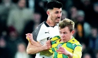 Derby’s Danny Batth and West Brom’s Aune Heggebo do battle