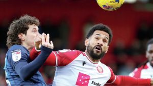 Stags’ Aaron Lewis, left, and Boro’s Jordan Roberts fight it out