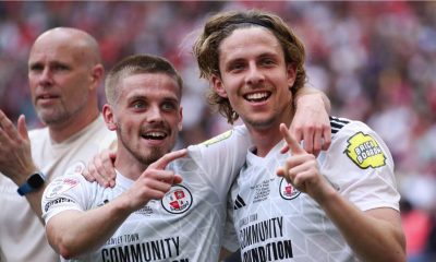 Crawley Town’s Ronan Darcy, left, and Danilo Orsi celebrate their League Two play-off final victory in 2024